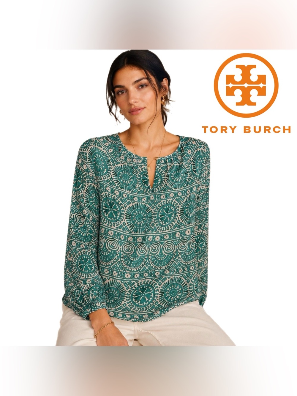 Tory Burch Silk Tunic Medallion Print Gold Buttons Size Medium 8
